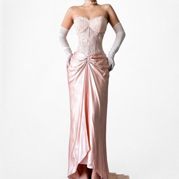 Vintage Silk Blend Pink Strapless Floral Beaded Lace Maxi Prom Dress Size M - Picture 3 of 8